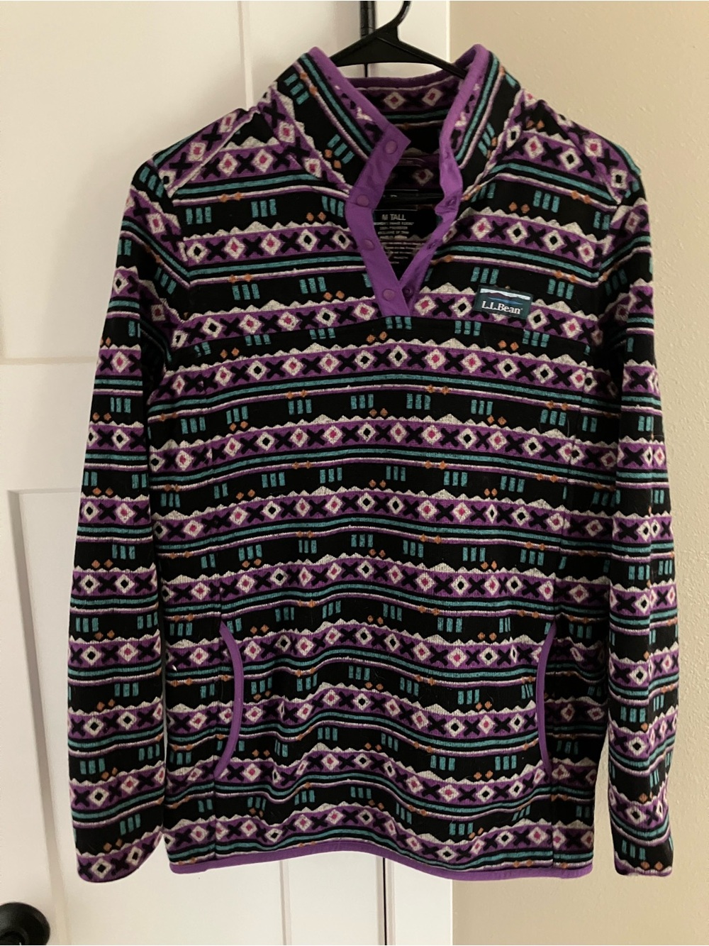 L.L. Bean Black, Purple & Teal Patterned Fleece Pullover